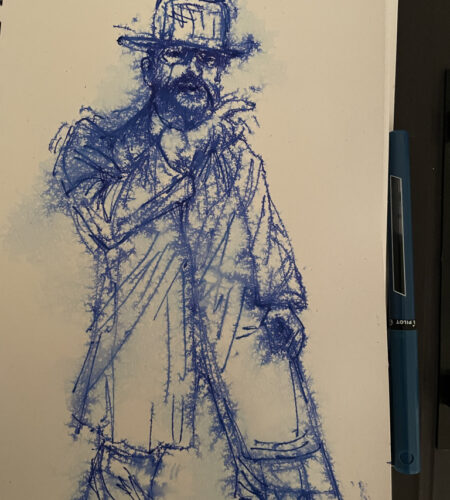 blue ink pen drawing of Toulouse-Lautrec by L.Lyn Greenstone