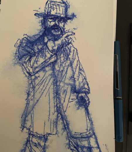 blue ink pen drawing of Toulouse-Lautrec by L.Lyn Greenstone