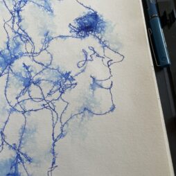 blue ink pen scribble drawing of a face in the tree branches