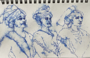blue ink drawing of 3 Arlesiennes